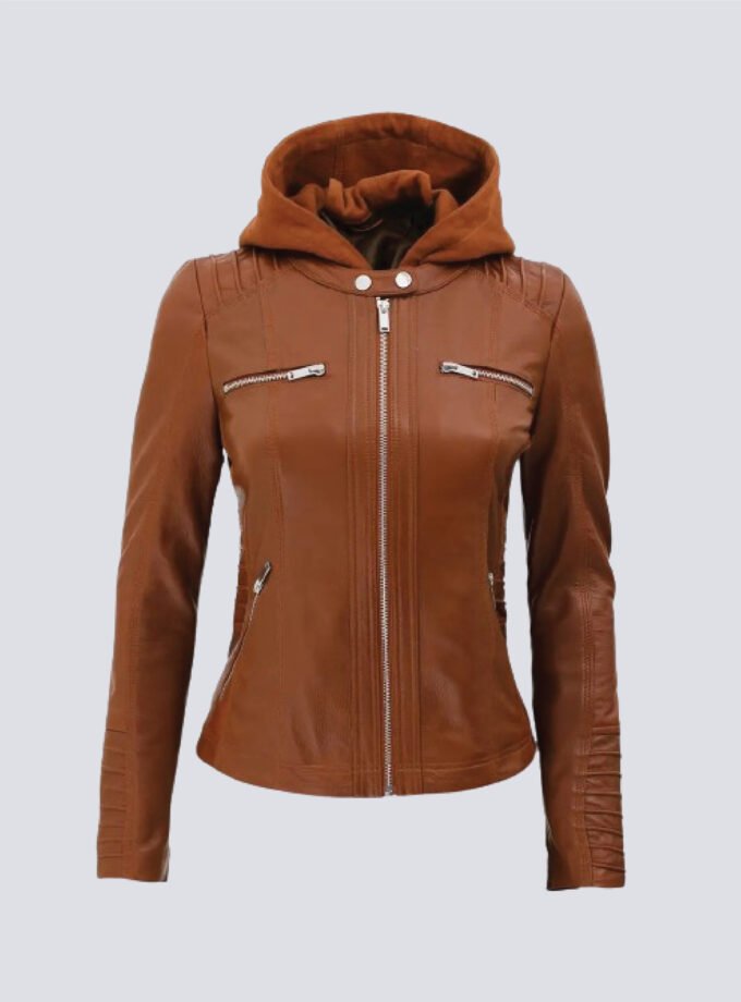 Womens Cognac Slim Fit Leather Jacket With Removable Hood