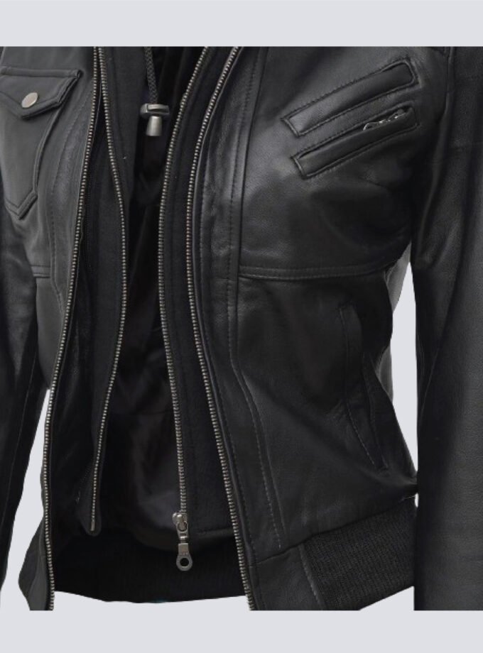 Edinburgh Womens Bomber Black Leather Jacket With Removable Hood