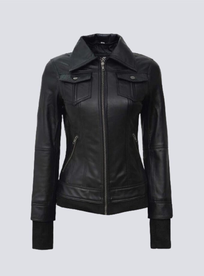 Tralee Black Bomber Women's Leather Jacket With Hood