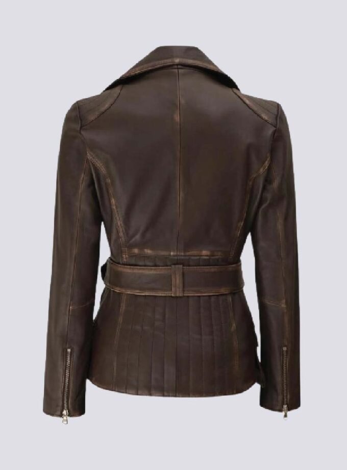 Womens Asymmetrical Distressed Brown Belted Leather Jacket