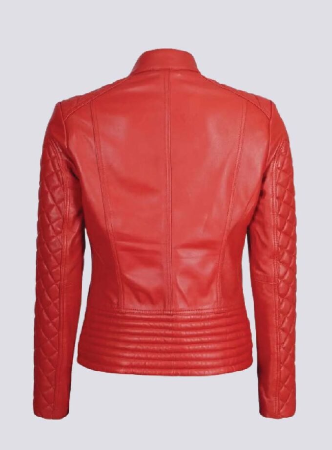 Women Red Quilted Cafe Racer Leather Jacket
