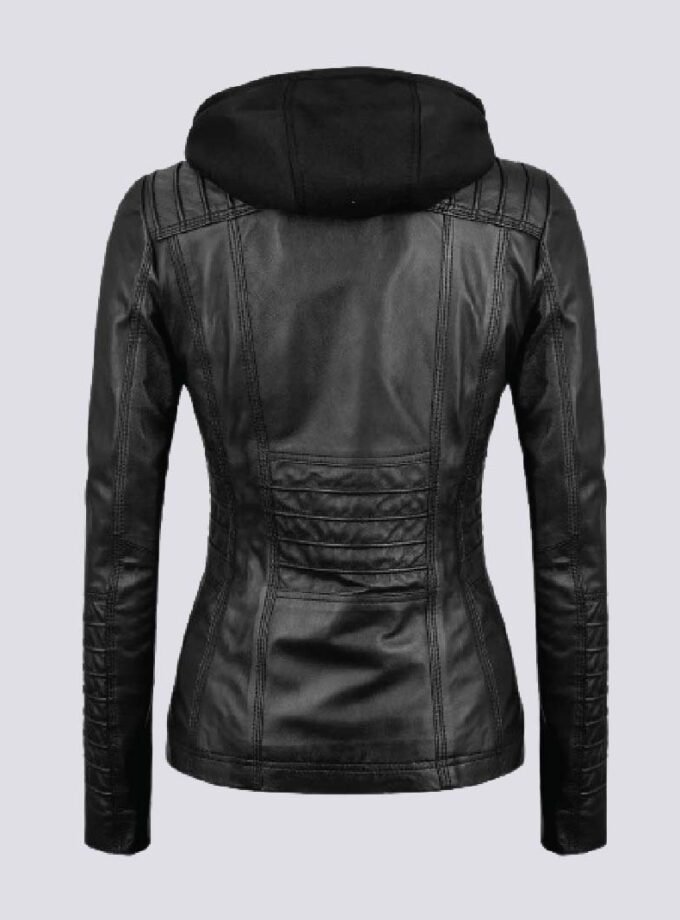 Womens Tall Black Leather Jacket With Removable Hood