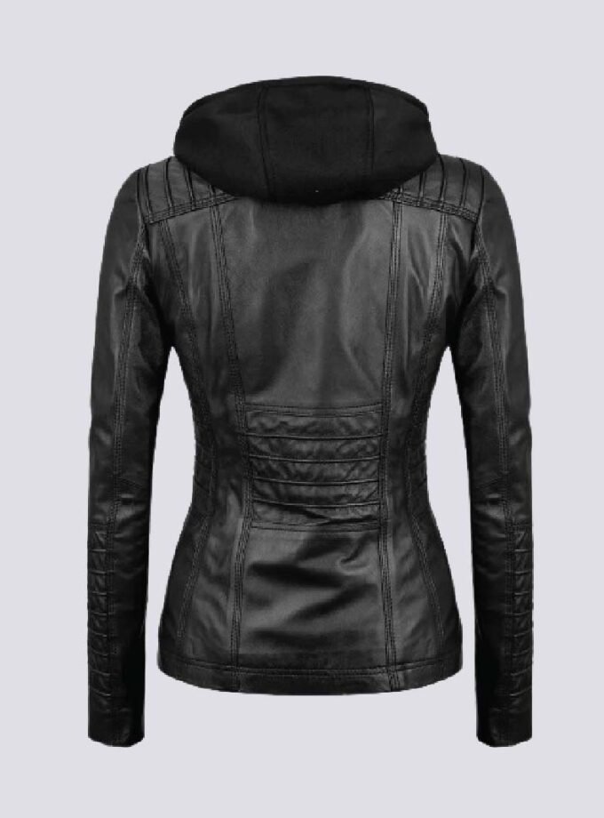 Womens Black Leather Jacket With Removable Hood