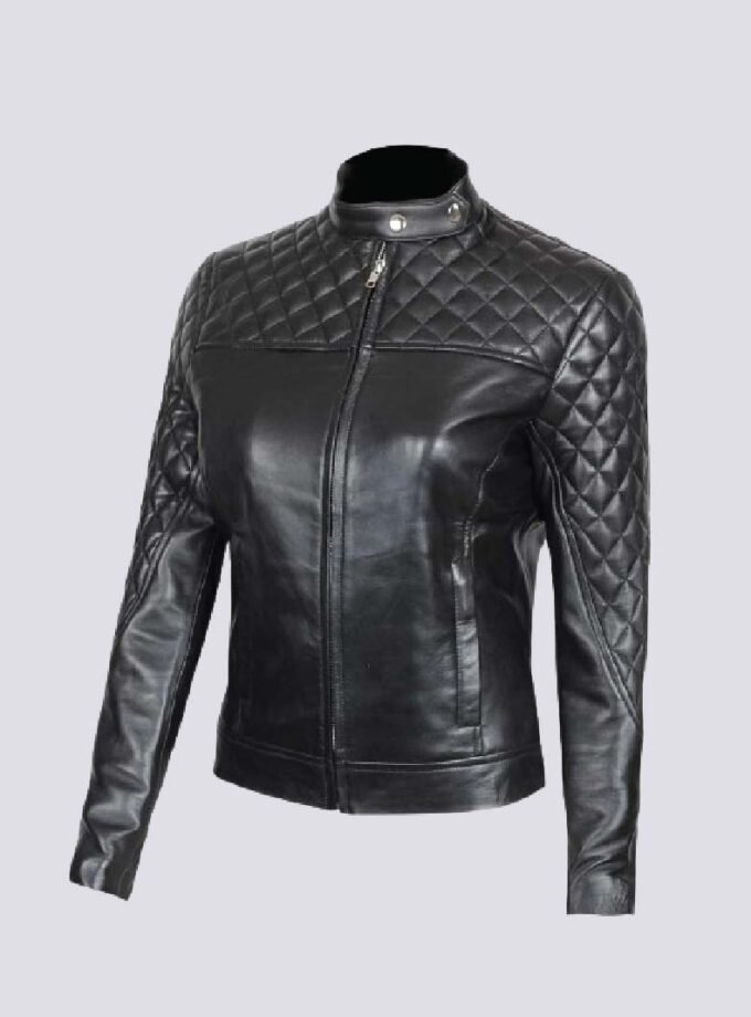Womens Cafe Racer Quilted Real Leather Jacket