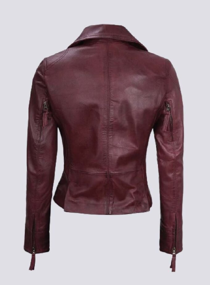 Ramsey Womens Maroon Asymmetrical Waxed Biker Leather Jacket