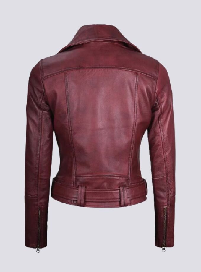Womens Maroon Asymmetrical Motorcycle Real Leather Jacket