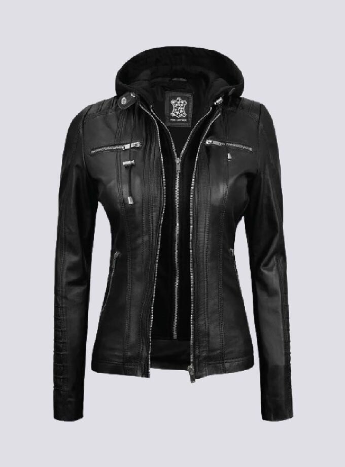 Womens Black Leather Jacket With Removable Hood