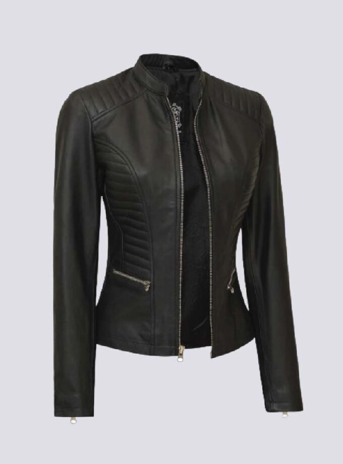 Womens Black Slim Fit Cafe Racer Real Leather Jacket