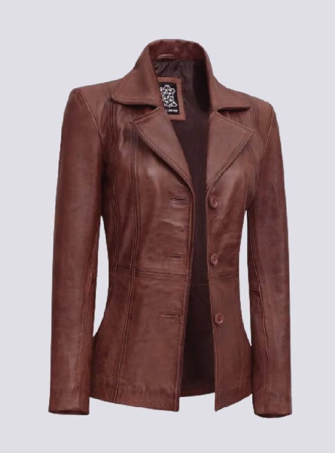 Cognac Brown Leather Blazer Women - Formal Wear
