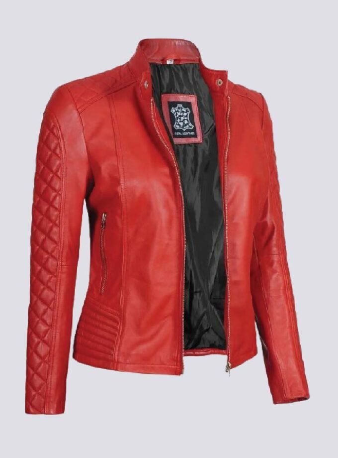 Women Red Quilted Cafe Racer Leather Jacket