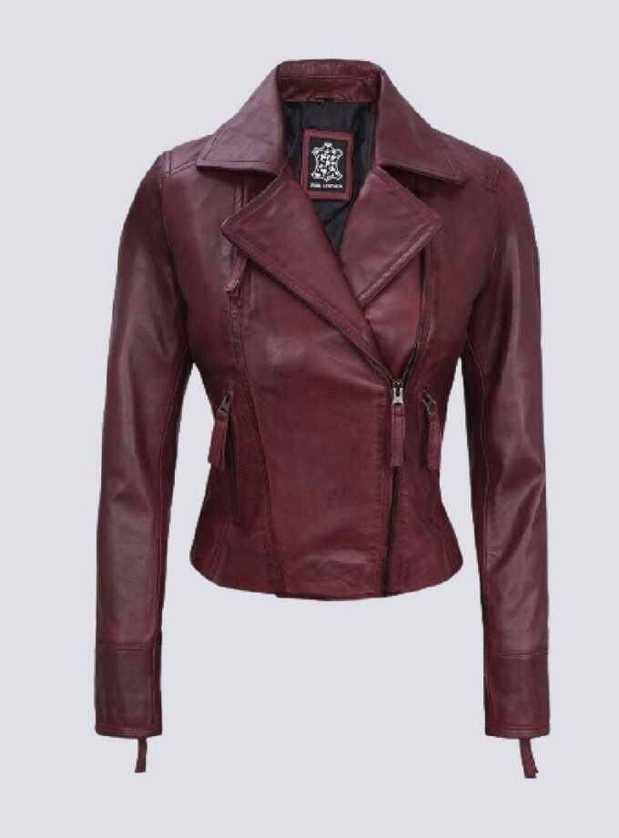 Ramsey Womens Maroon Asymmetrical Waxed Biker Leather Jacket