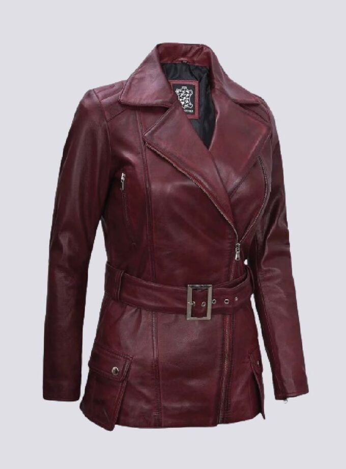 Womens Maroon Asymmetrical Real Leather Biker Jacket