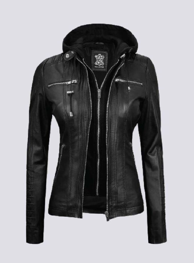 Womens Tall Black Leather Jacket With Removable Hood