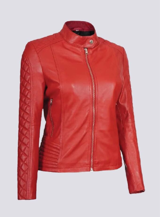 Women Red Quilted Cafe Racer Leather Jacket