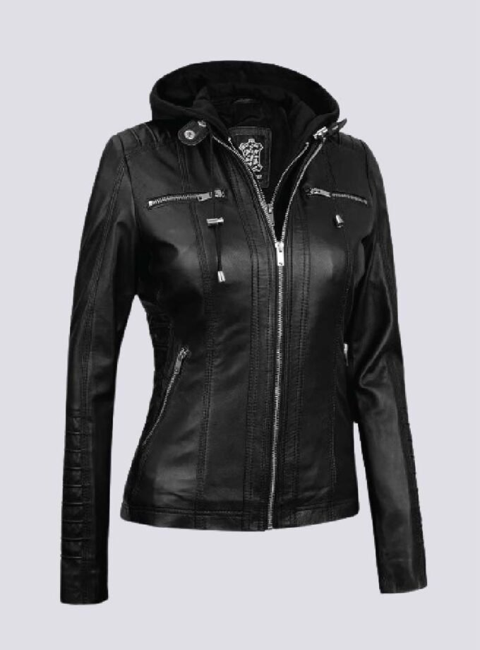 Womens Tall Black Leather Jacket With Removable Hood