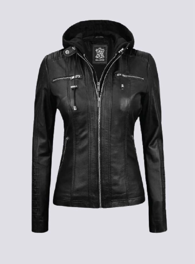 Womens Black Leather Jacket With Removable Hood