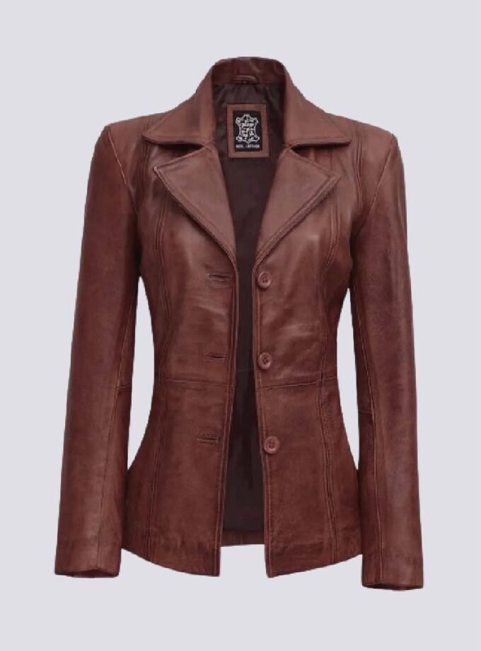 Cognac Brown Leather Blazer Women - Formal Wear