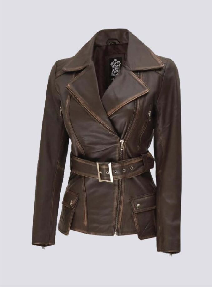 Womens Asymmetrical Distressed Brown Belted Leather Jacket