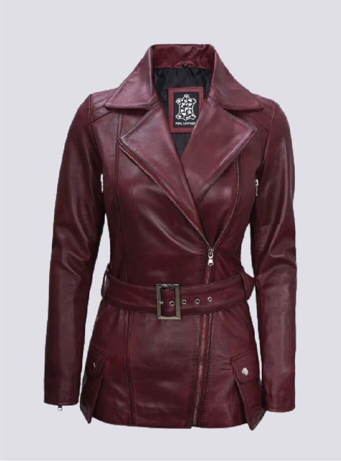 Womens Maroon Asymmetrical Real Leather Biker Jacket