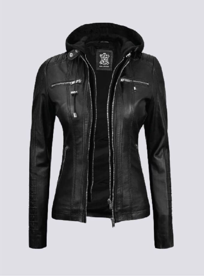 Womens Tall Black Leather Jacket With Removable Hood