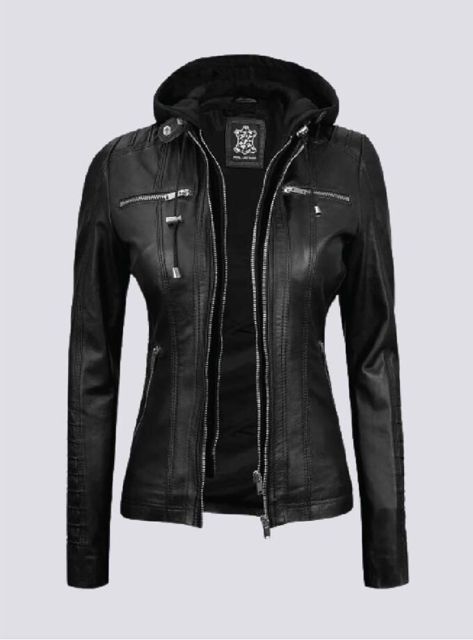 Womens Black Leather Jacket With Removable Hood