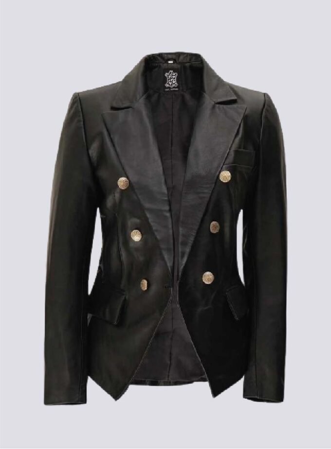 Kim Womens Black Leather Double Breasted Blazer