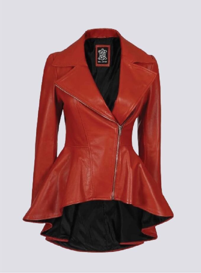 Womens Biker Style Red Premium Leather Peplum Jacket