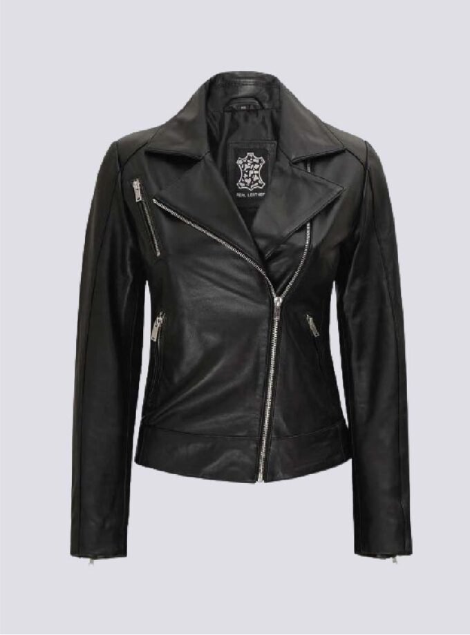 Womens Black Biker Asymmetrical Leather Jacket