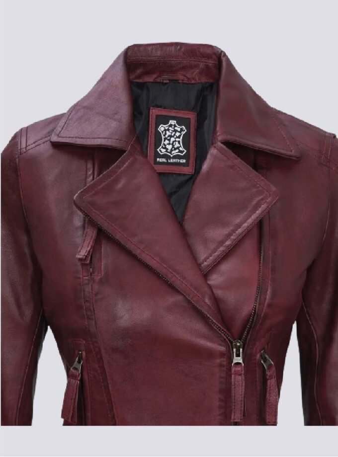 Ramsey Womens Maroon Asymmetrical Waxed Biker Leather Jacket