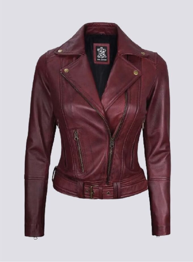 Womens Maroon Asymmetrical Motorcycle Real Leather Jacket