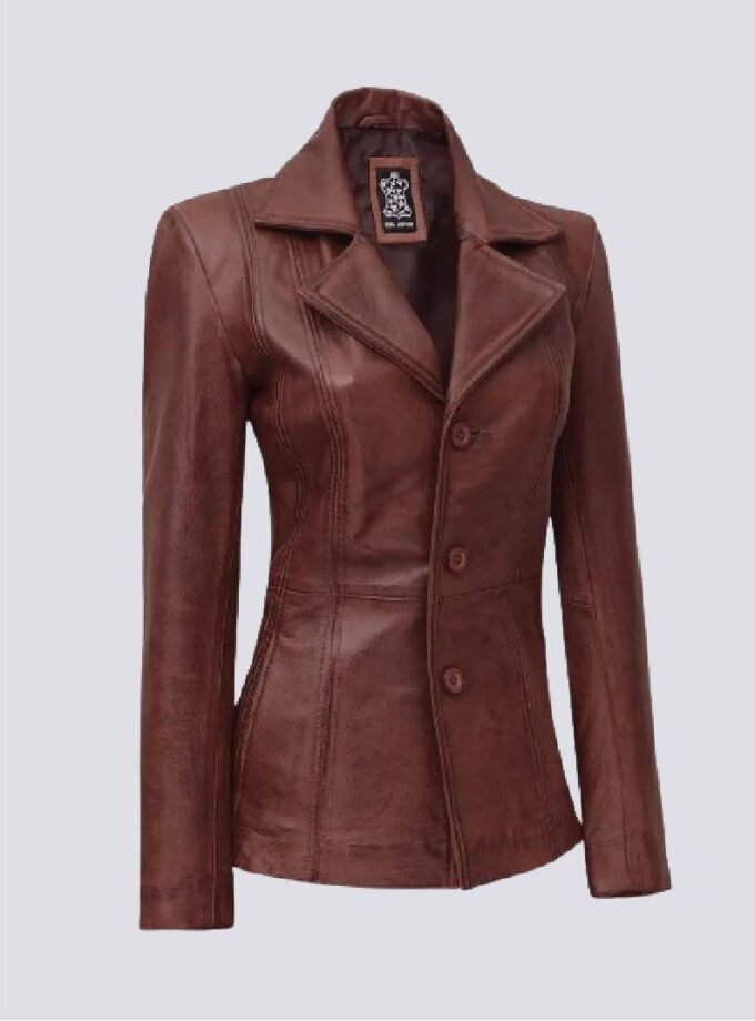 Cognac Brown Leather Blazer Women - Formal Wear