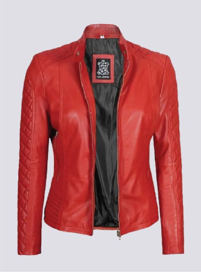 Women Red Quilted Cafe Racer Leather Jacket