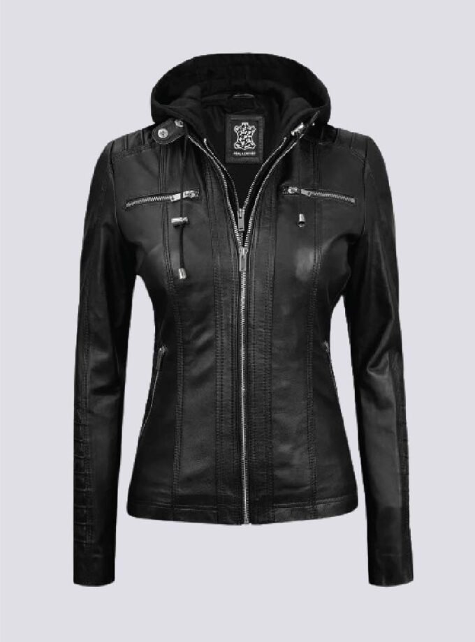 Womens Tall Black Leather Jacket With Removable Hood