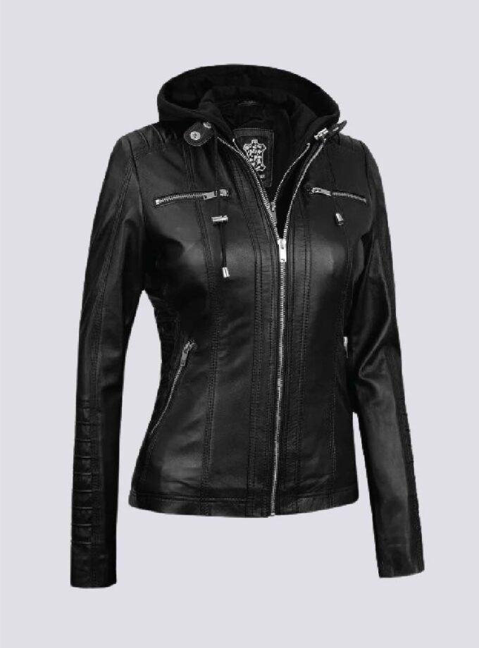 Womens Black Leather Jacket With Removable Hood