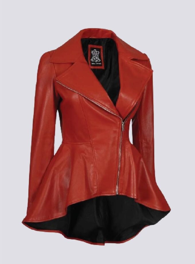 Womens Biker Style Red Premium Leather Peplum Jacket