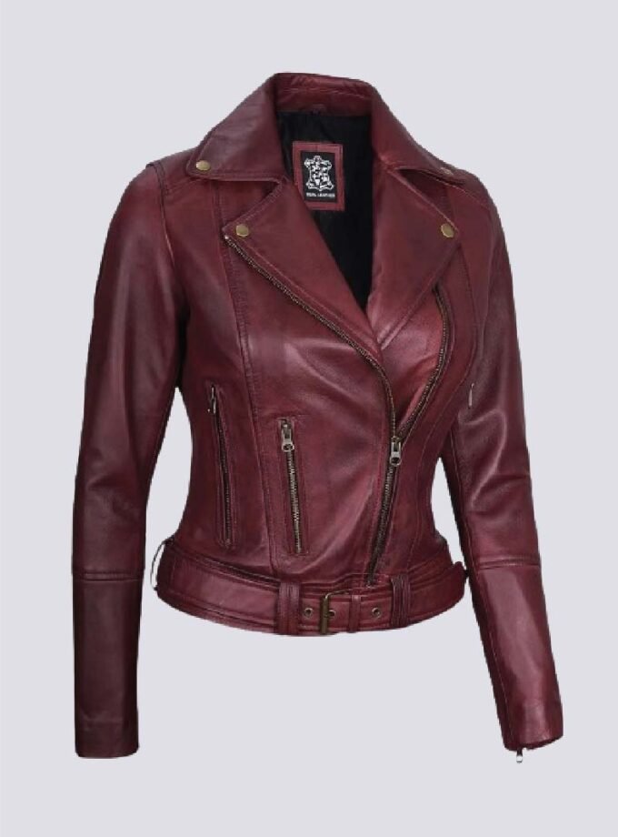 Womens Maroon Asymmetrical Motorcycle Real Leather Jacket