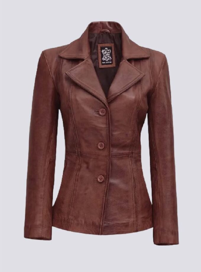 Cognac Brown Leather Blazer Women - Formal Wear