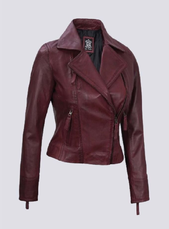 Ramsey Womens Maroon Asymmetrical Waxed Biker Leather Jacket