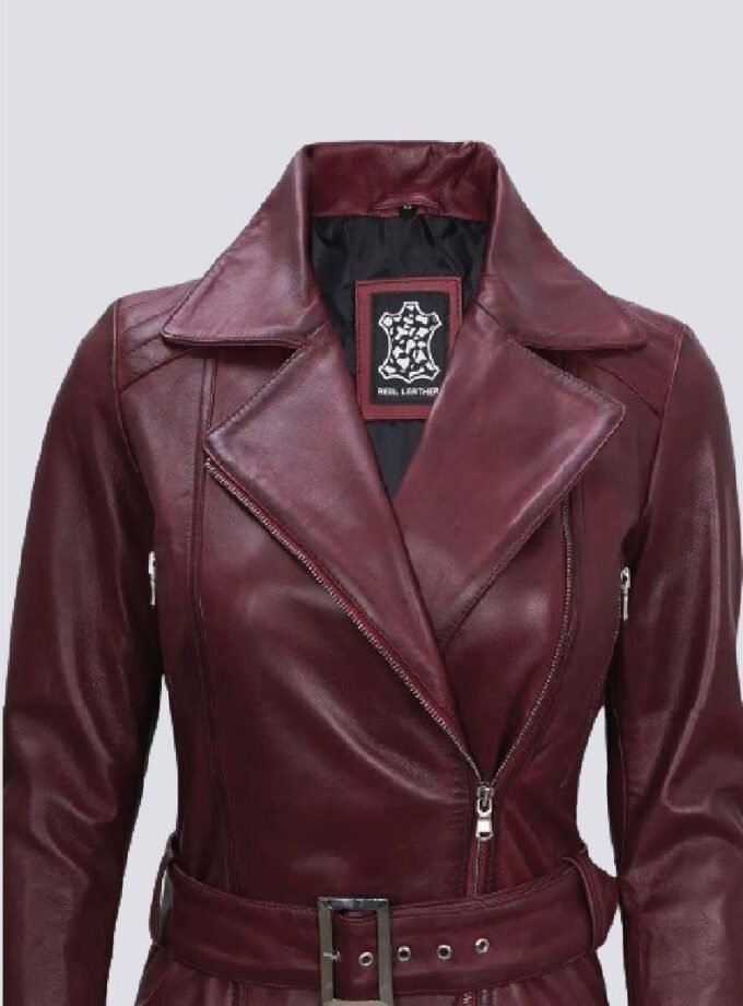 Womens Maroon Asymmetrical Real Leather Biker Jacket