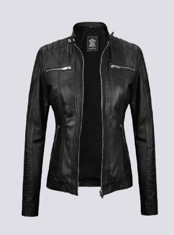 Womens Tall Black Leather Jacket With Removable Hood