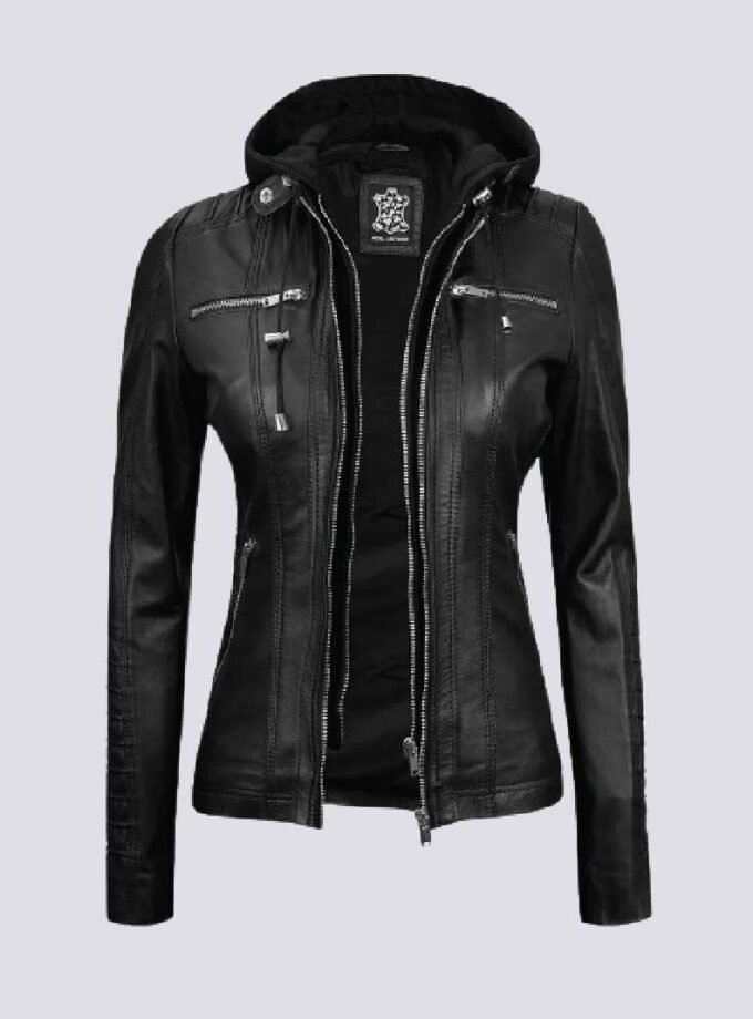 Womens Black Leather Jacket With Removable Hood