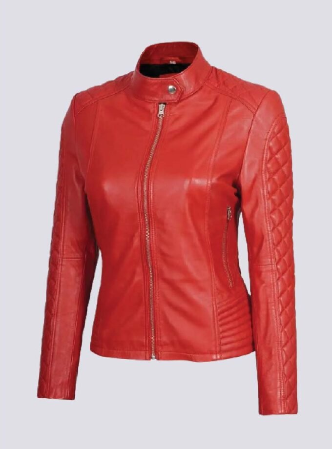 Women Red Quilted Cafe Racer Leather Jacket