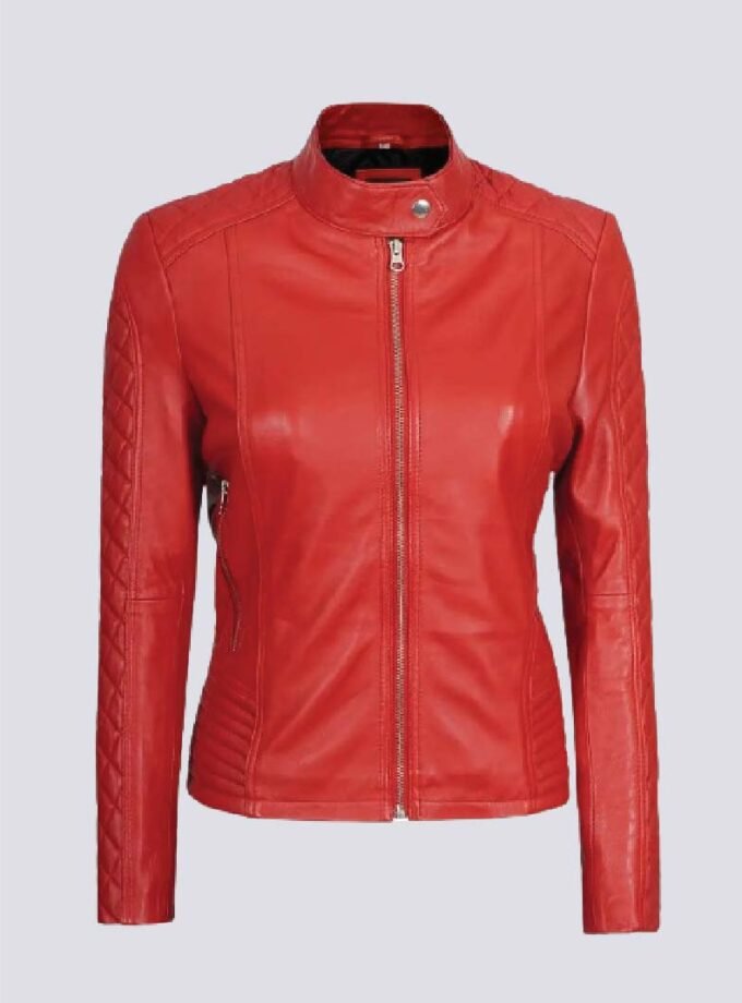Women Red Quilted Cafe Racer Leather Jacket