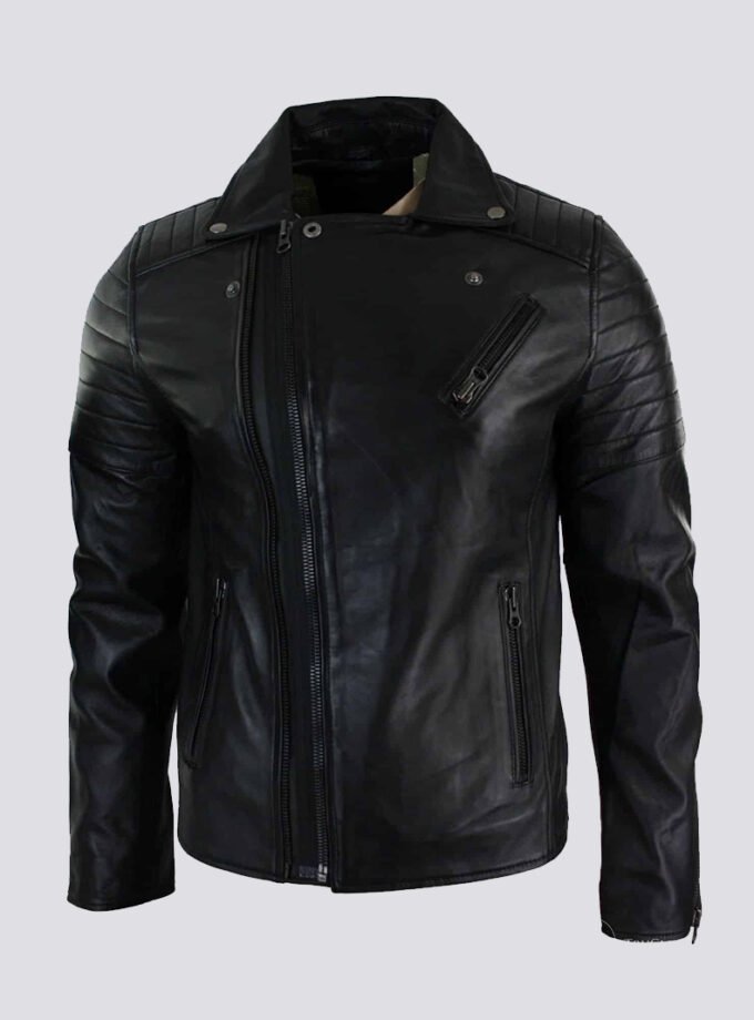 Real Leather Slim Fit Cross Zip Retro Vintage Brando Mens Jacket Vintage Biker-Black