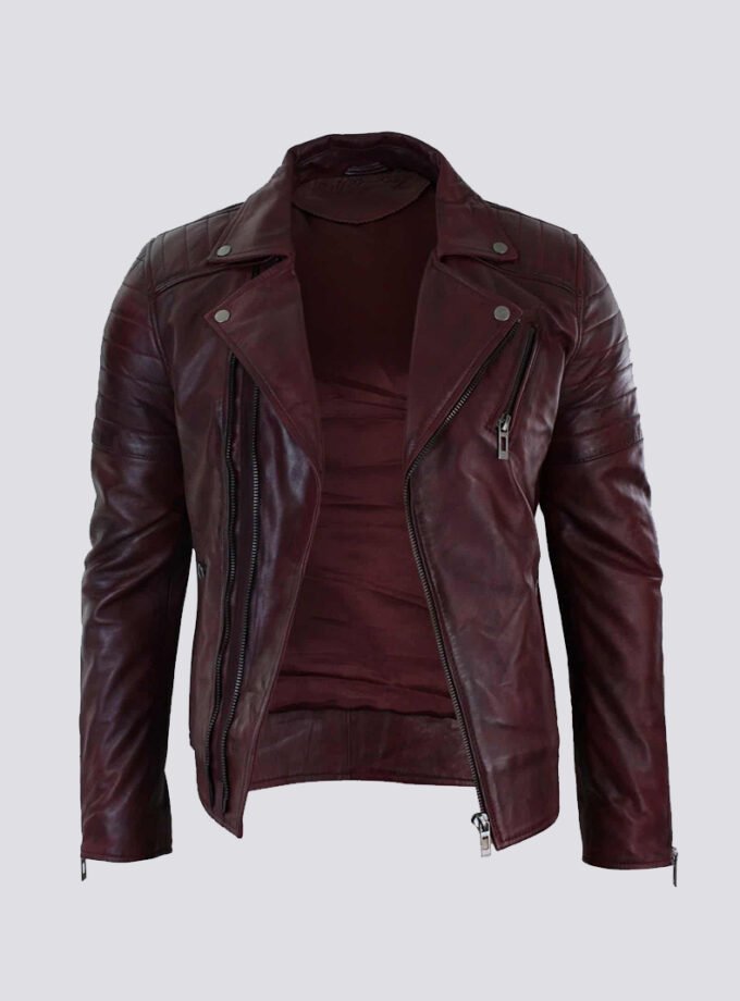 Real Leather Slim Fit Cross Zip Retro Vintage Brando Mens Jacket Vintage Biker-Burgundy