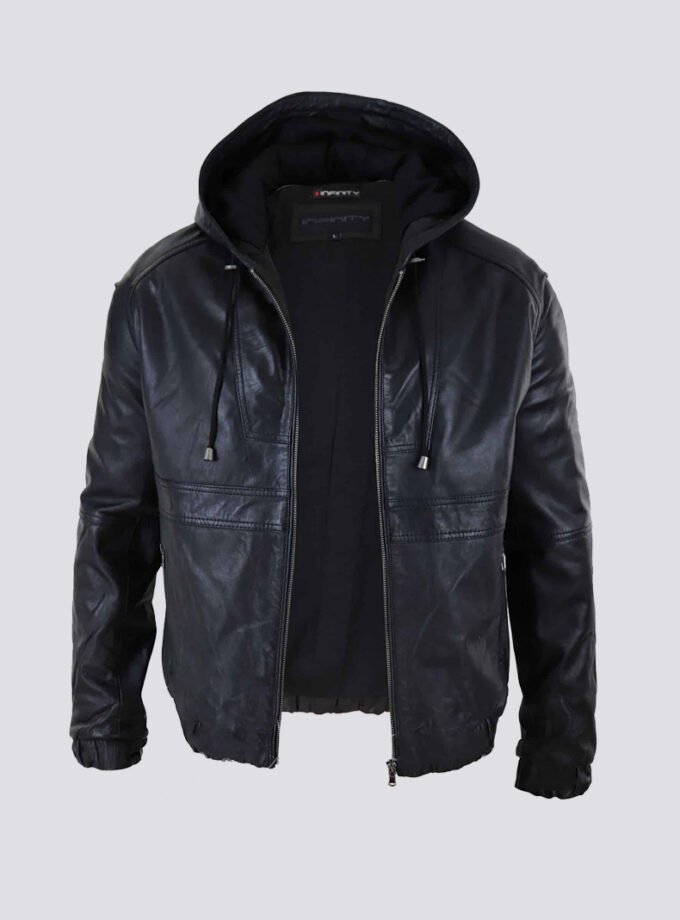 Mens Real Leather Bomber Hood Jacket – Black