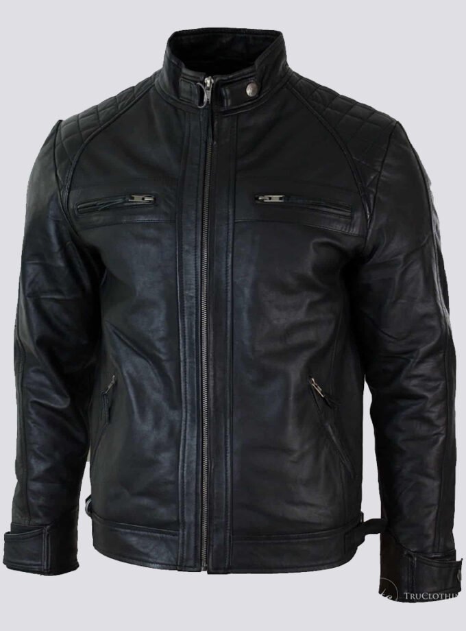 Real Leather Retro Style Zipped Mens Biker Jacket Soft Black Casual-Black