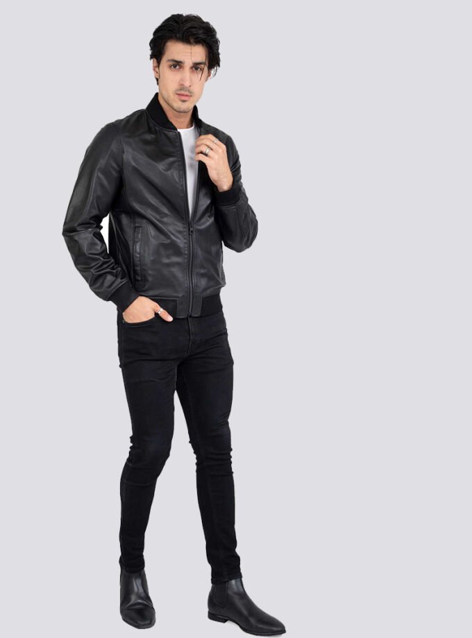 Lamb Real Leather Black Bomber Jacket for Men Regular Fit