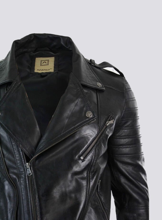 Real Leather Cross Zip Vintage Retro Mens Biker Jacket Black Urban Slim Fit