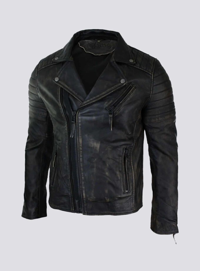 Real Leather Slim Fit Mens Cross Zip Retro Vintage Brando Jacket Vintage Biker-Ruboff Black